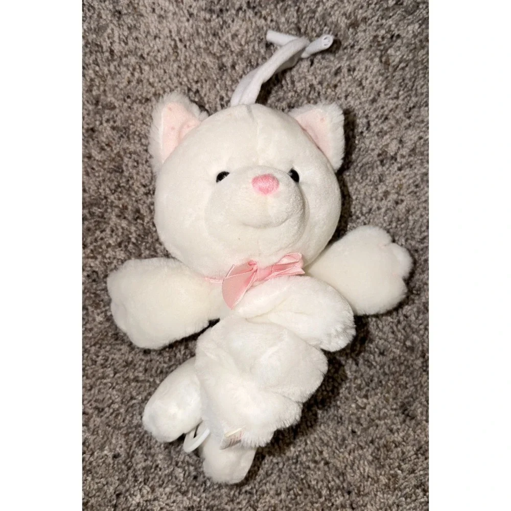 Dakin White Kitty Cat Musical Baby Crib Pull Toy Plush Stuffed Animal Lovey pink